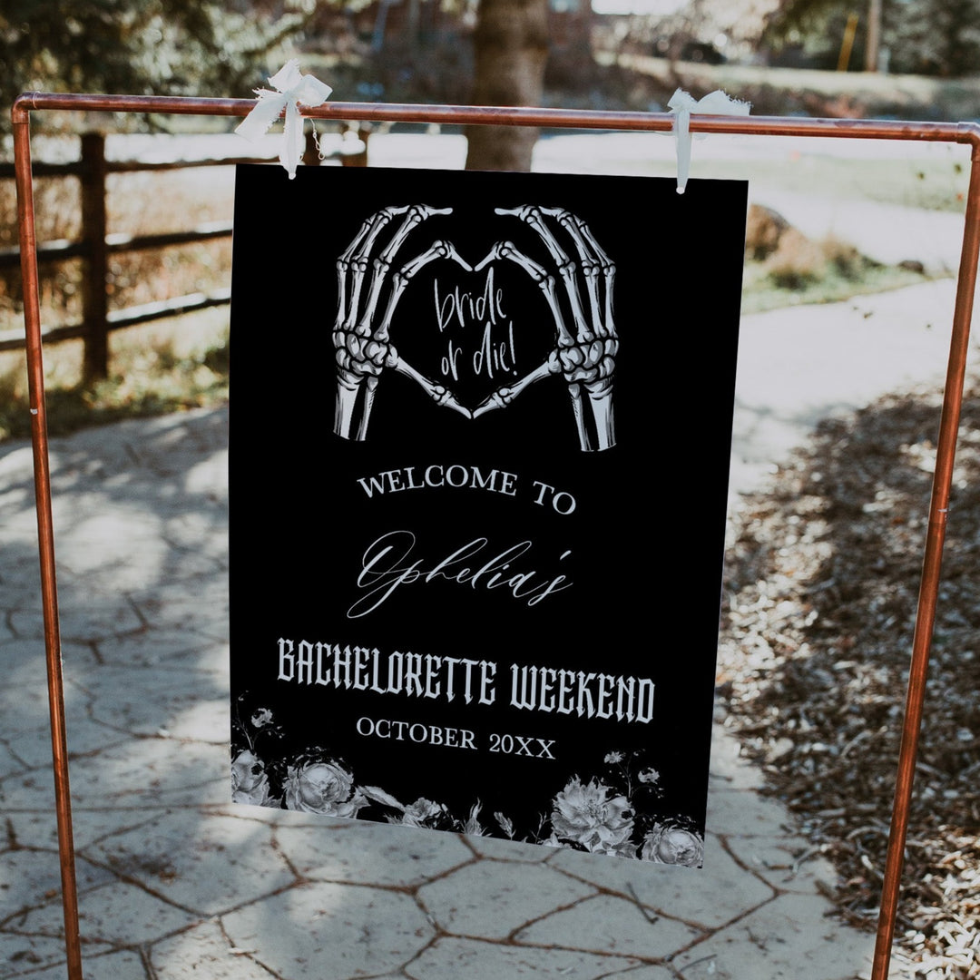 Fully editable and printable bachelorette weekend welcome sign with a gothic design. Perfect for a Bride or Die or Death Us To Party bridal shower themed party