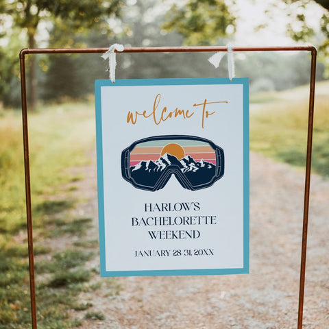 Fully editable and printable bachelorette weekend welcome sign with a ski slopes design. Perfect for a aspen ski slopes bachelorette themed party