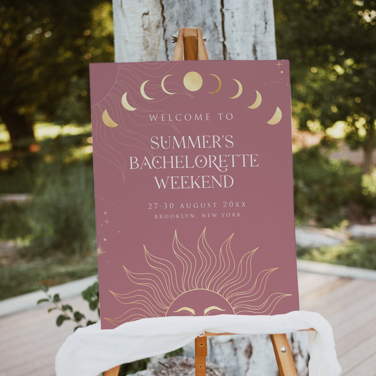 Fully editable and printable bachelorette weekend welcome sign with a celestial design. Perfect for a celestial bridal shower themed party