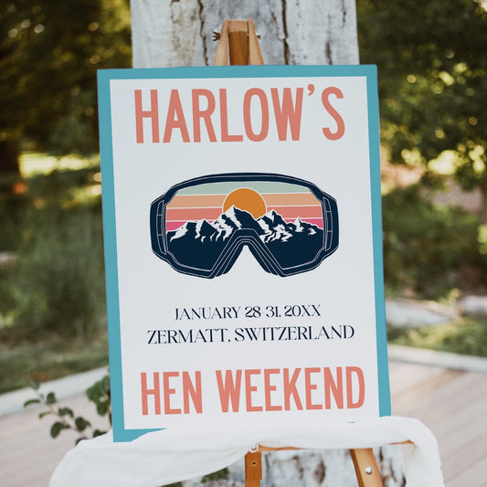 Fully editable and printable bachelorette weekend welcome sign with a ski slopes design. Perfect for a aspen ski slopes bachelorette themed party