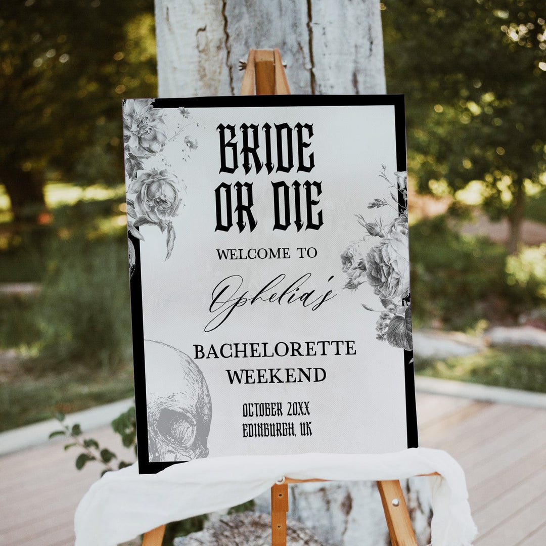 Fully editable and printable bachelorette weekend welcome sign with a gothic design. Perfect for a Bride or Die or Death Us To Party bridal shower themed party
