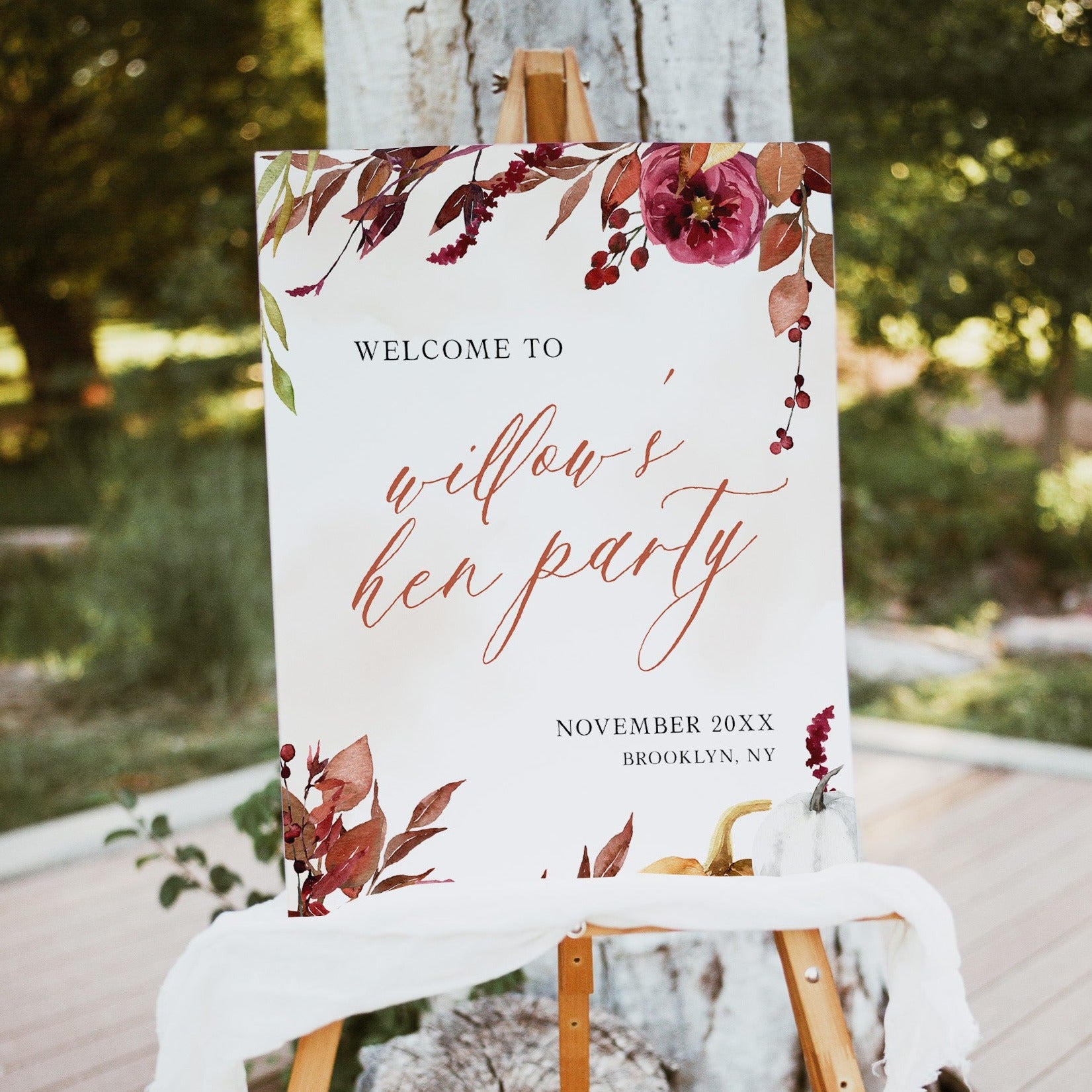 Fully editable and printable hen party weekend welcome sign with a Fall design. Perfect for a fall floral bridal shower