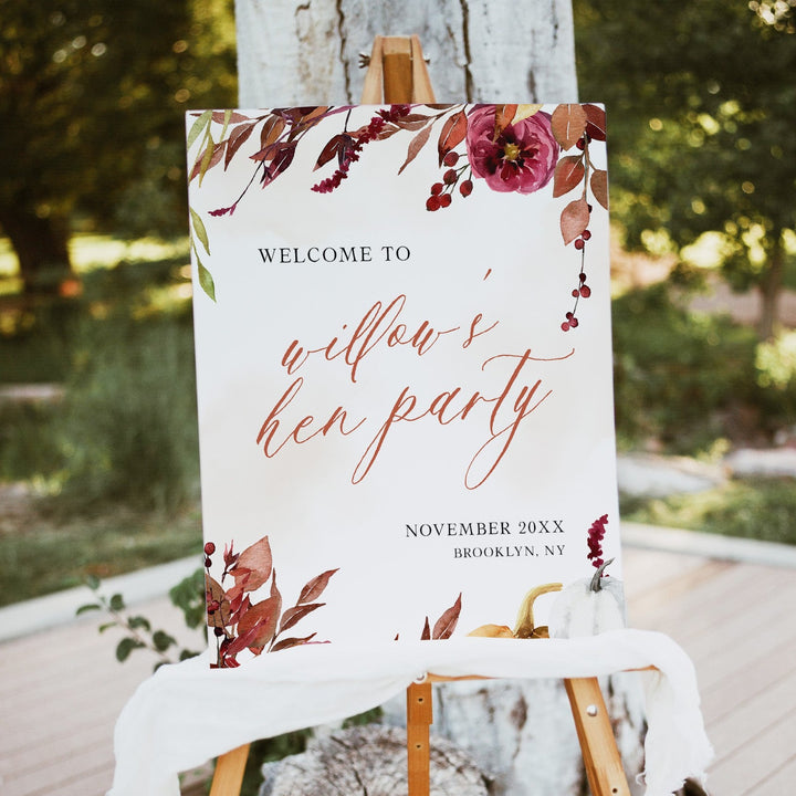 Fully editable and printable hen party weekend welcome sign with a Fall design. Perfect for a fall floral bridal shower