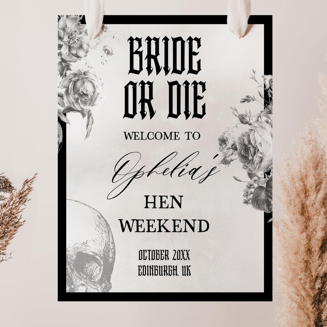 Fully editable and printable hen party weekend welcome sign with a gothic design. Perfect for a Bride or Die or Death Us To Party bridal shower themed party