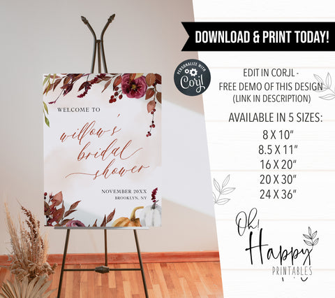 Fully editable and printable bridal shower welcome signs with a Fall design. Perfect for a fall floral bridal shower