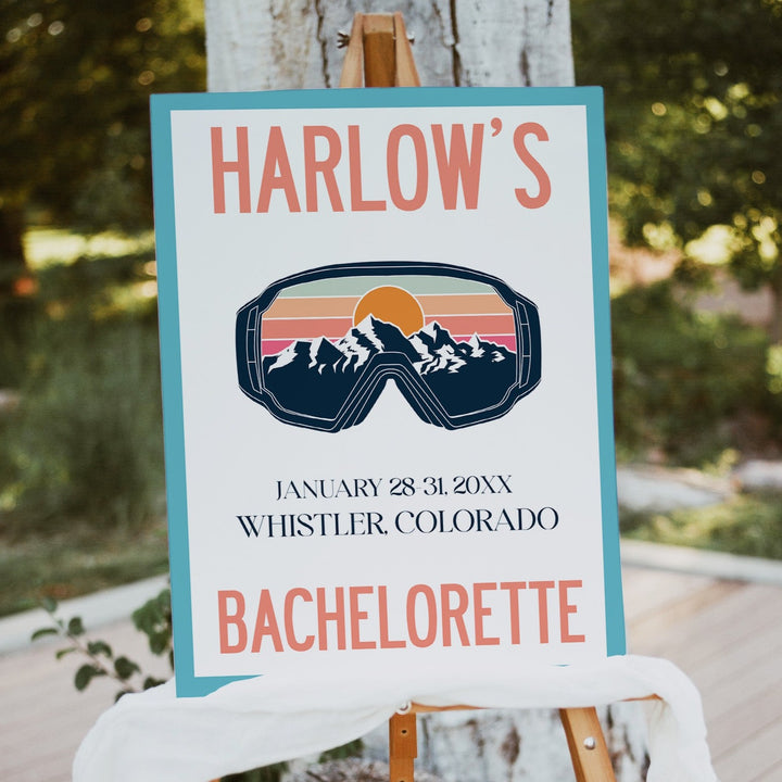 Fully editable and printable bachelorette weekend welcome sign with a ski slopes design. Perfect for a aspen ski slopes bachelorette themed party