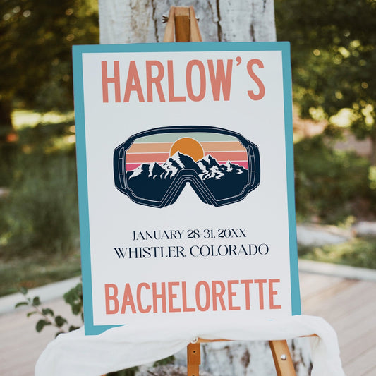 Fully editable and printable bachelorette weekend welcome sign with a ski slopes design. Perfect for a aspen ski slopes bachelorette themed party