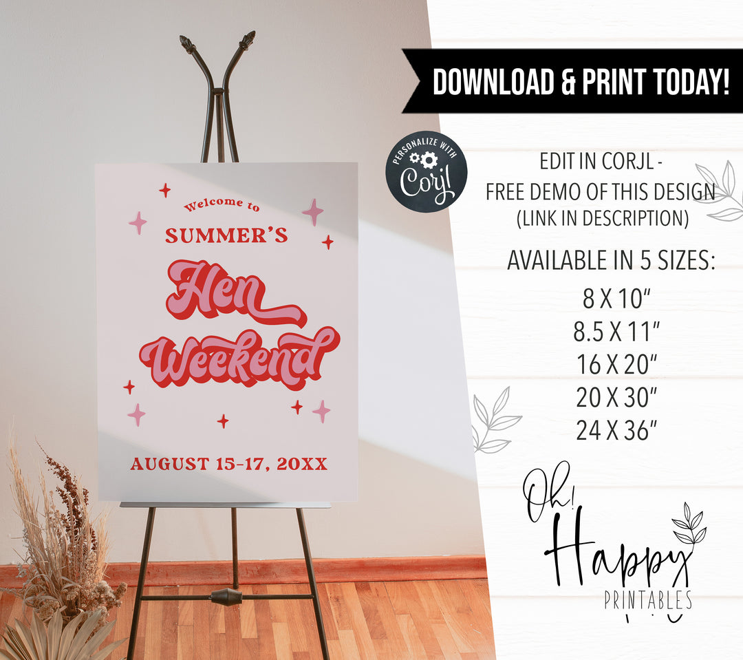 fully editable hen weekend welcome sign in 70s retro style. Print at home or with a print company