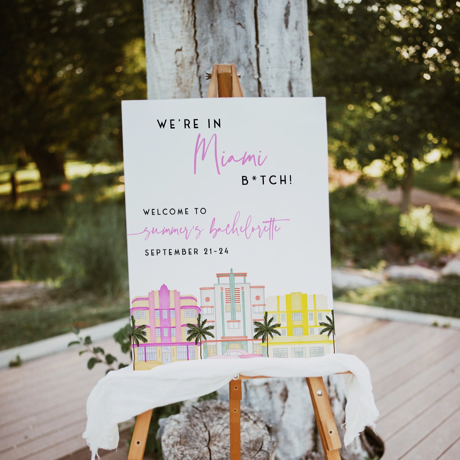 fully editable Miami themed bachelorette party bundle including 40 editable games, invitations, mobile invitations, signs, thank you tags and more