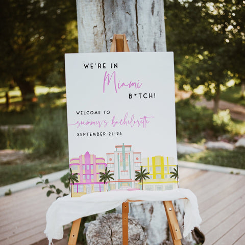 fully editable Miami themed bachelorette party bundle including 40 editable games, invitations, mobile invitations, signs, thank you tags and more