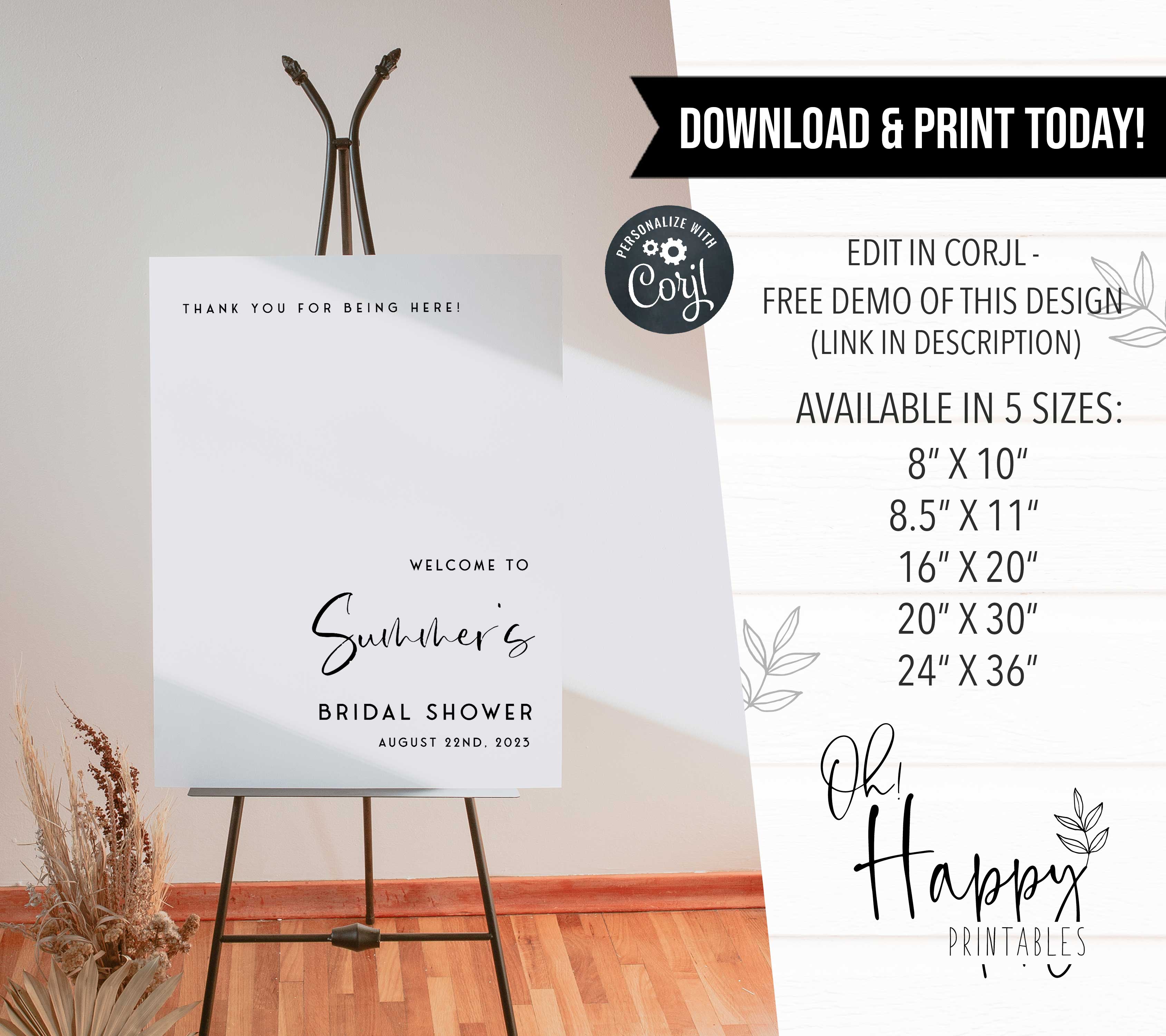 Fully editable and printable  bridal shower welcome sign with a modern minimalist design. Perfect for a modern simple bridal shower themed party