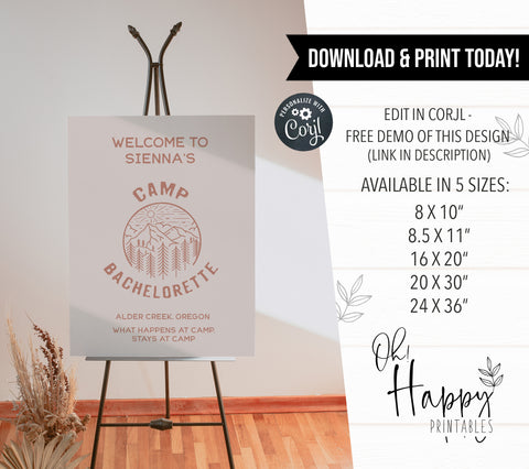 Fully editable and printable bridal shower, welcome signs with a pine cabin design. Perfect for a cabin adventure Bachelorette themed party