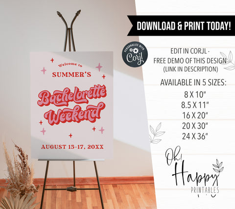 fully editable bachelorette weekend welcome sign. 70s retro inspired bachelorette welcome sign that can be printed at home or with a professional printer