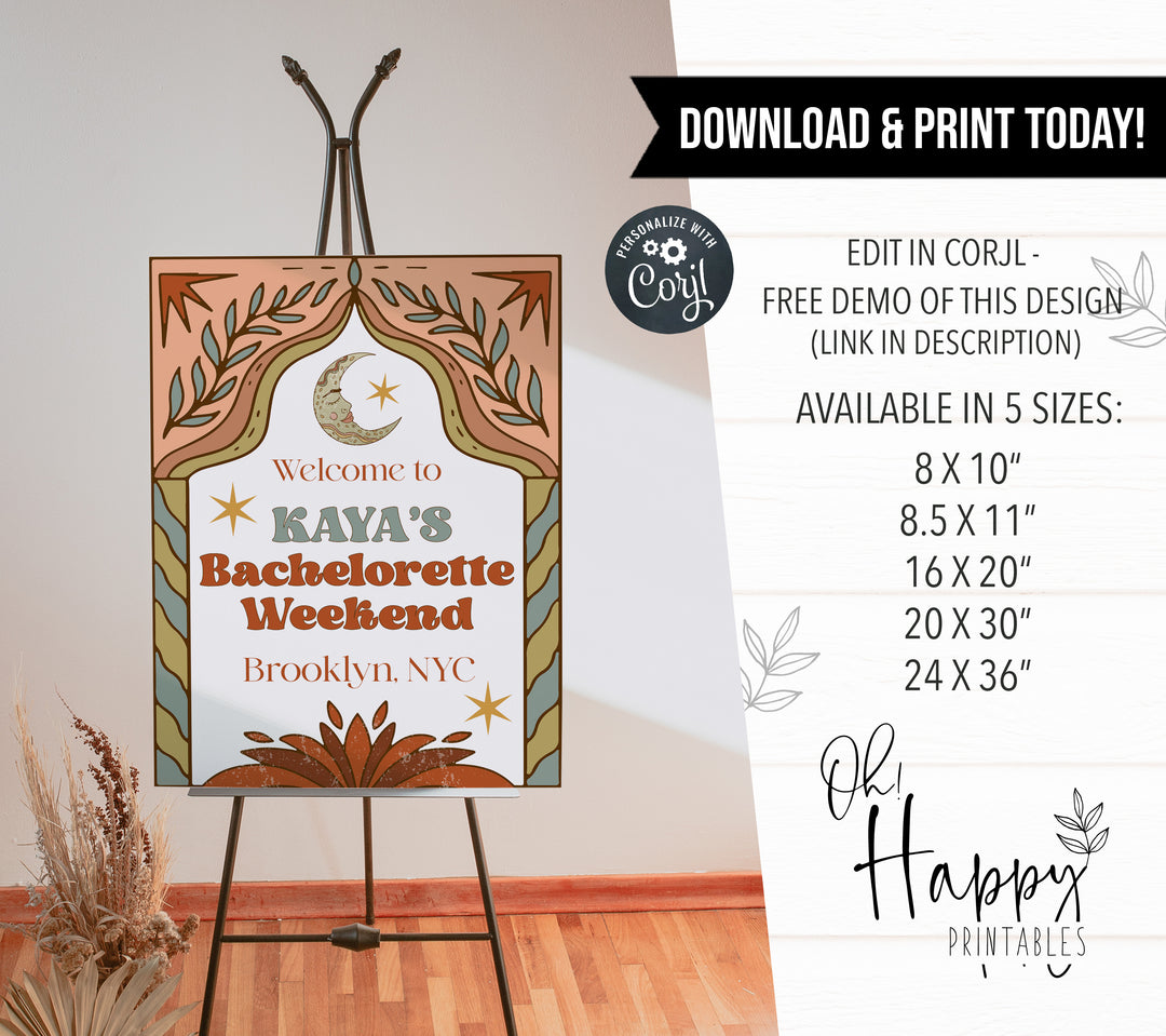 60s boho style bachelorette editable welcome sgin. Simply edit, download and print at home or with any print service company