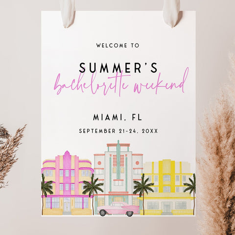 Fully editable and printable bachelorette weekend welcome signs with a miami design. Perfect for a miami, Bachelorette themed party