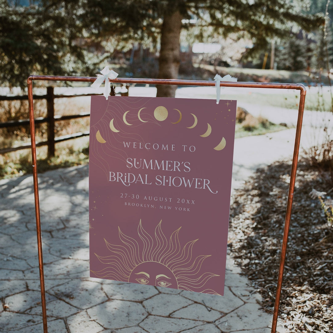 Fully editable and printable bridal shower weekend welcome sign with a celestial design. Perfect for a celestial bridal shower themed party