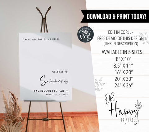 Fully editable and printable bachelorette weekend welcome sign with a modern minimalist design. Perfect for a modern simple bridal shower themed party