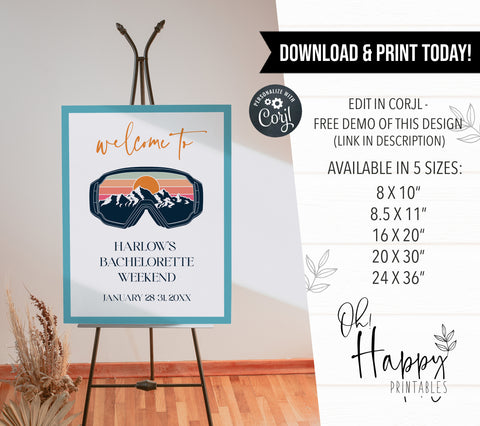 Fully editable and printable bachelorette weekend welcome sign with a ski slopes design. Perfect for a aspen ski slopes bachelorette themed party