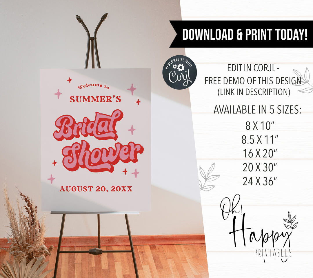 Fully editable bridal shower welcome signs in 70s style. Retro bridal shower welcome sign