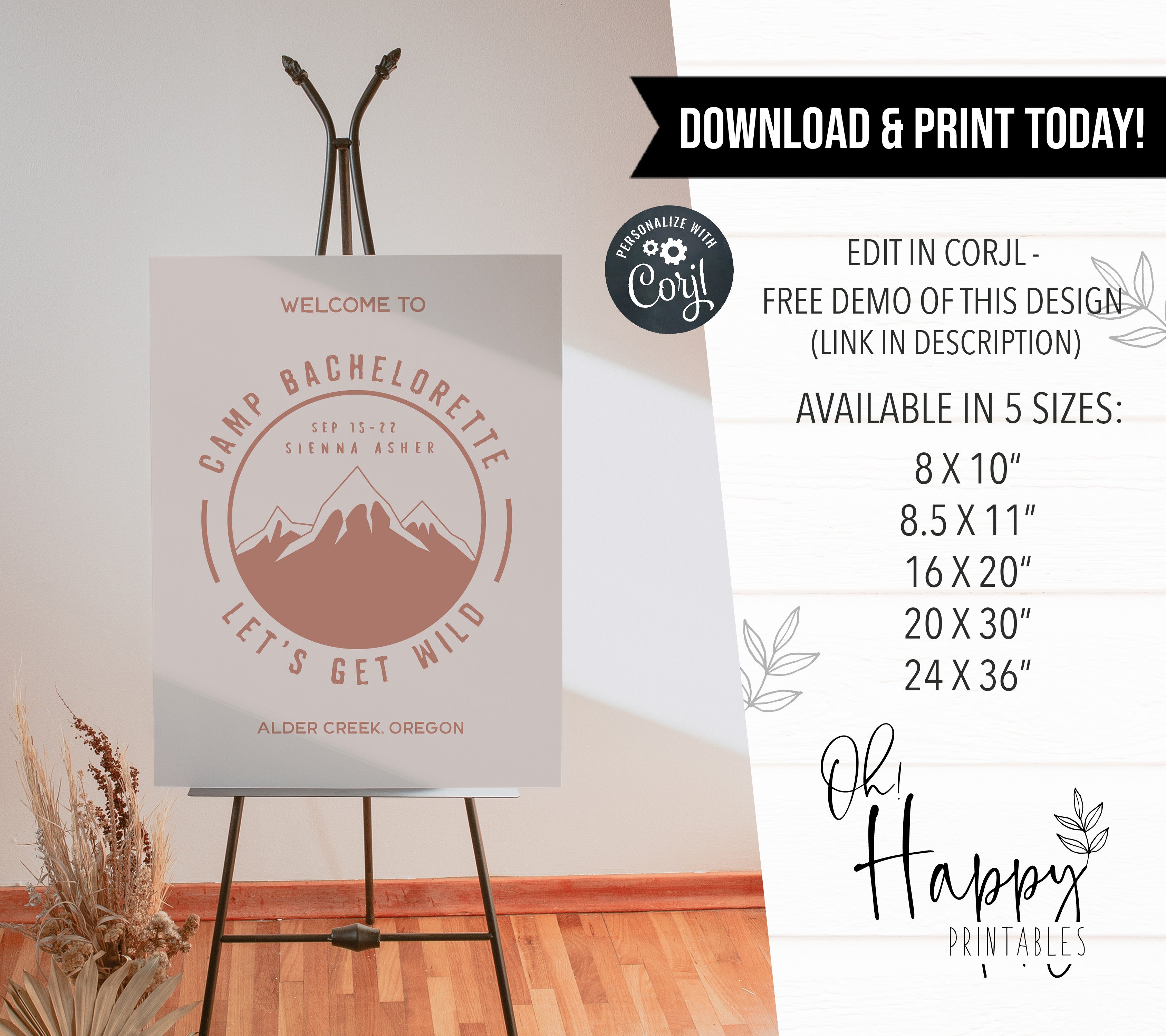 Fully editable and printable welcome signs with a pine cabin design. Perfect for a cabin adventure Bachelorette themed party