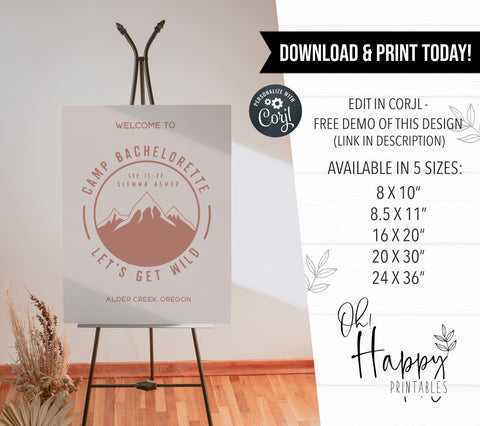 Fully editable and printable welcome signs with a pine cabin design. Perfect for a cabin adventure Bachelorette themed party