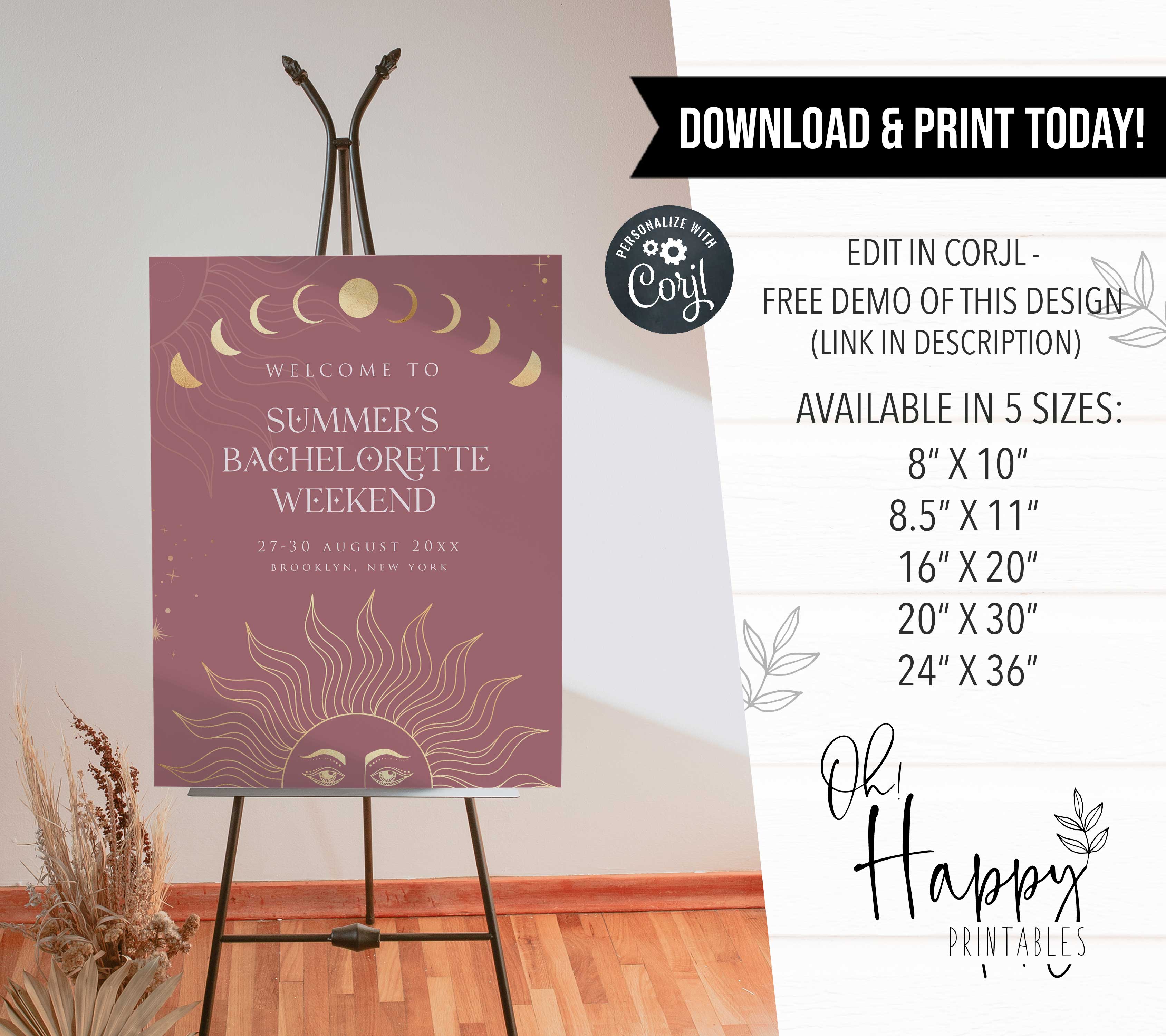 Fully editable and printable bachelorette weekend welcome sign with a celestial design. Perfect for a celestial bridal shower themed party