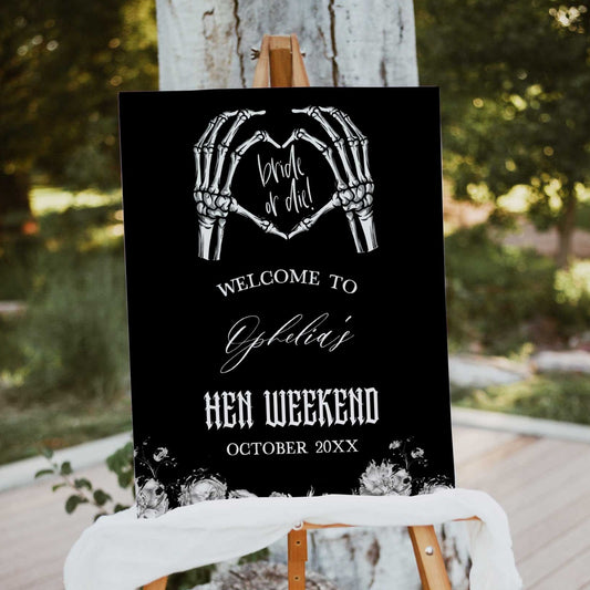 Fully editable and printable hen party weekend welcome sign with a gothic design. Perfect for a Bride or Die or Death Us To Party bridal shower themed party