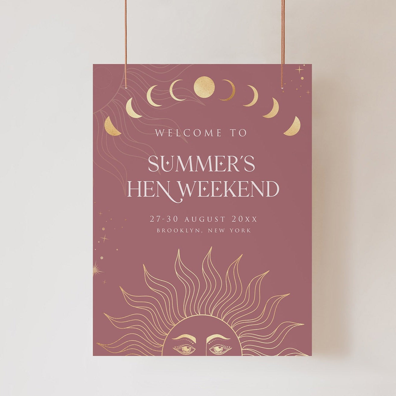 Fully editable and printable hen party weekend welcome sign with a celestial design. Perfect for a celestial bridal shower themed party