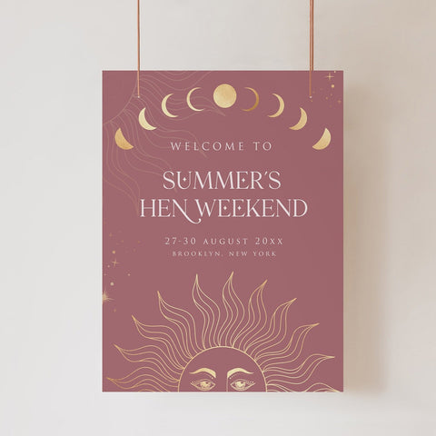 Fully editable and printable hen party weekend welcome sign with a celestial design. Perfect for a celestial bridal shower themed party
