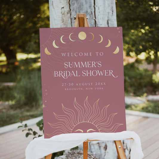 Fully editable and printable bridal shower weekend welcome sign with a celestial design. Perfect for a celestial bridal shower themed party