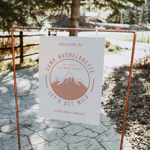 Fully editable and printable welcome signs with a pine cabin design. Perfect for a cabin adventure Bachelorette themed party