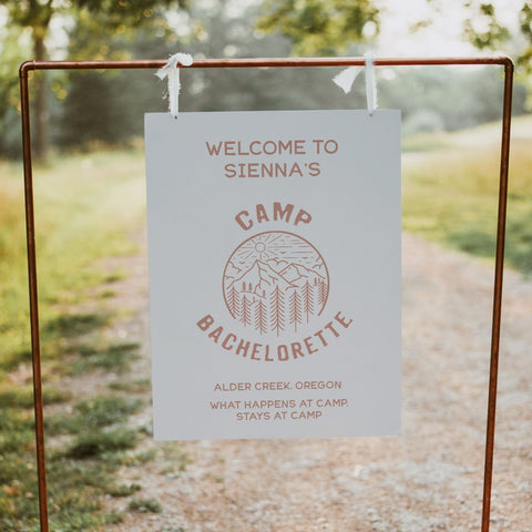 Fully editable and printable bridal shower, welcome signs with a pine cabin design. Perfect for a cabin adventure Bachelorette themed party