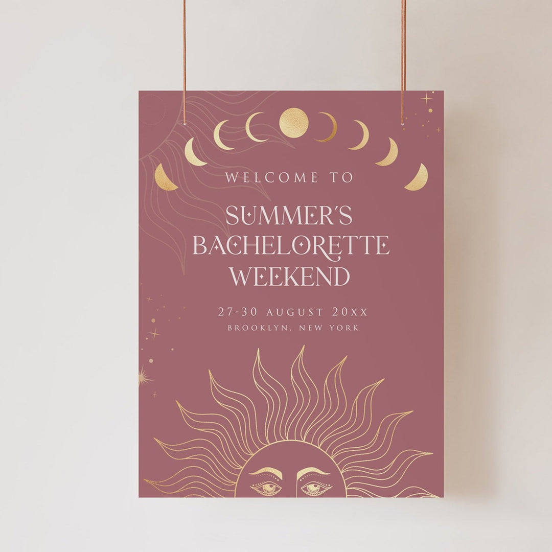 Fully editable and printable bachelorette weekend welcome sign with a celestial design. Perfect for a celestial bridal shower themed party