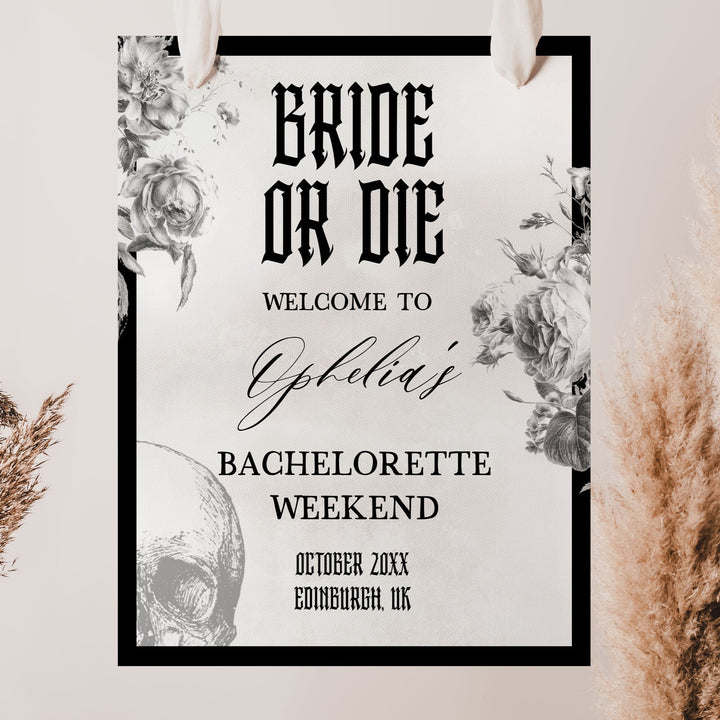 Fully editable and printable bachelorette weekend welcome sign with a gothic design. Perfect for a Bride or Die or Death Us To Party bridal shower themed party