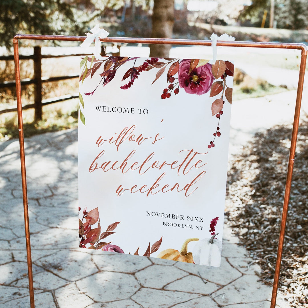 Fully editable and printable bachelorette weekend welcome sign with a Fall design. Perfect for a fall floral bridal shower