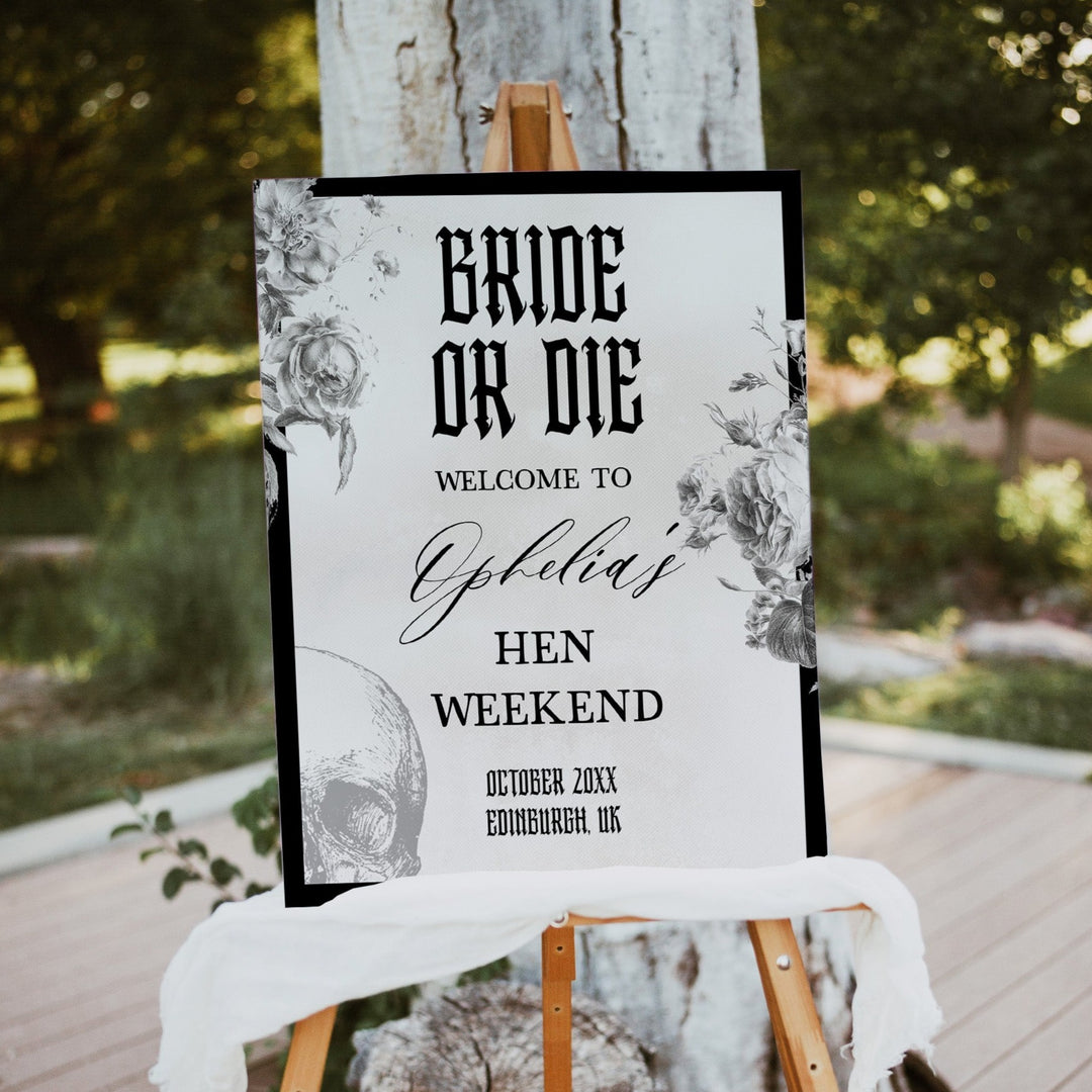 Fully editable and printable hen party weekend welcome sign with a gothic design. Perfect for a Bride or Die or Death Us To Party bridal shower themed party