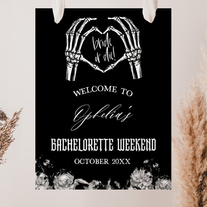 Fully editable and printable bachelorette weekend welcome sign with a gothic design. Perfect for a Bride or Die or Death Us To Party bridal shower themed party