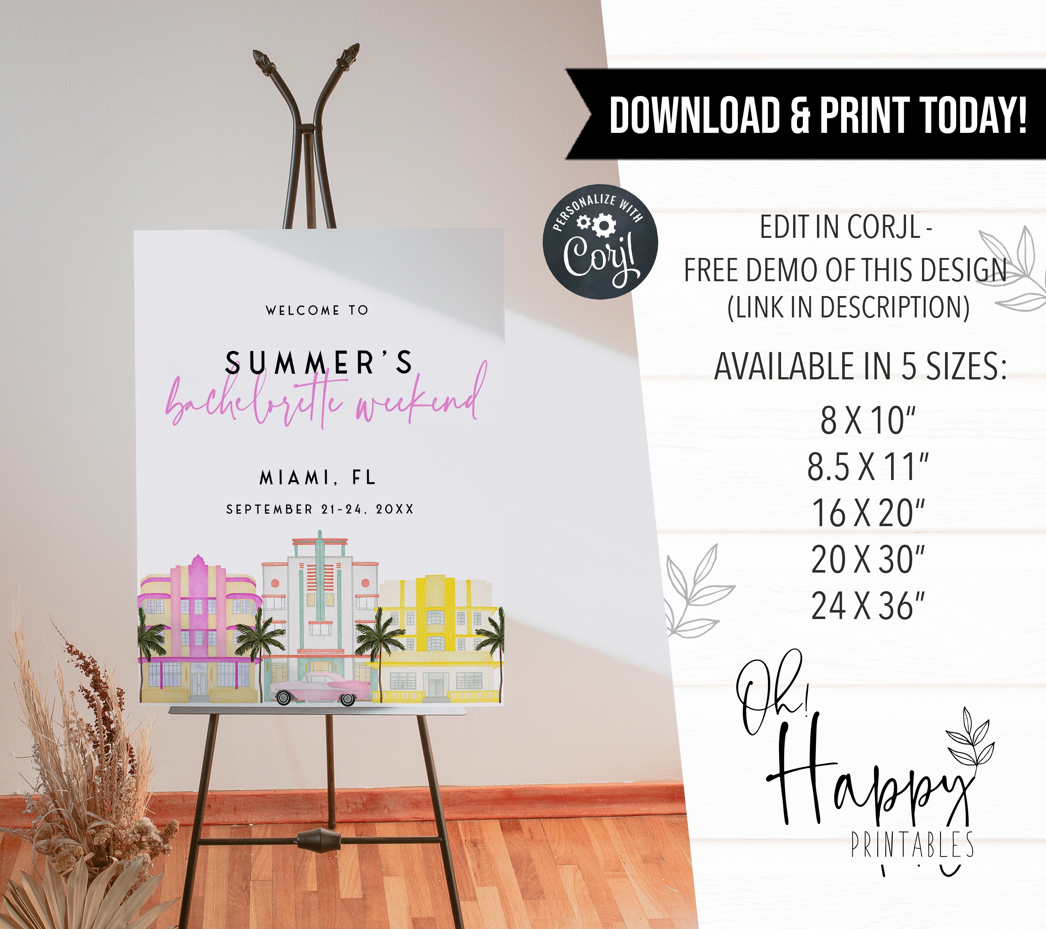 Fully editable and printable bachelorette weekend welcome signs with a miami design. Perfect for a miami, Bachelorette themed party