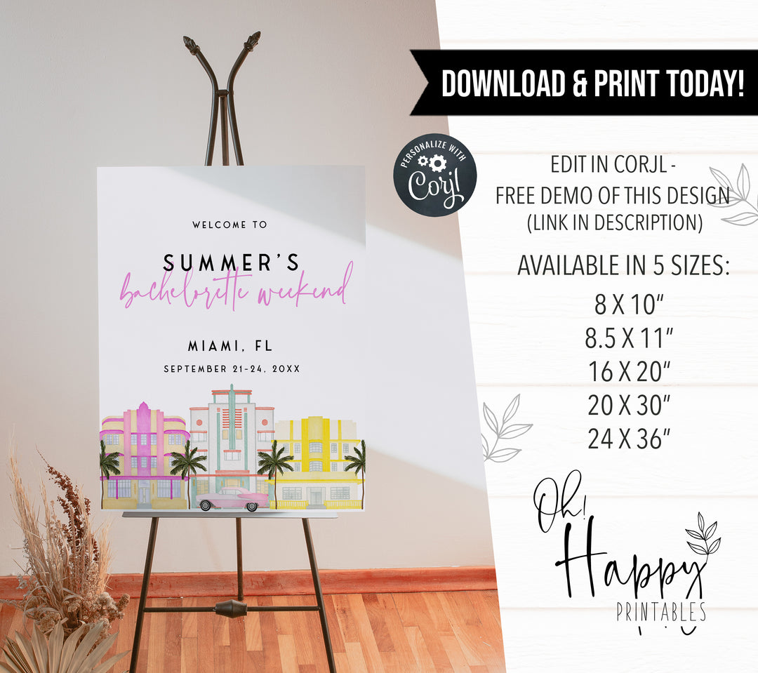 Fully editable and printable bachelorette weekend welcome signs with a miami design. Perfect for a miami, Bachelorette themed party