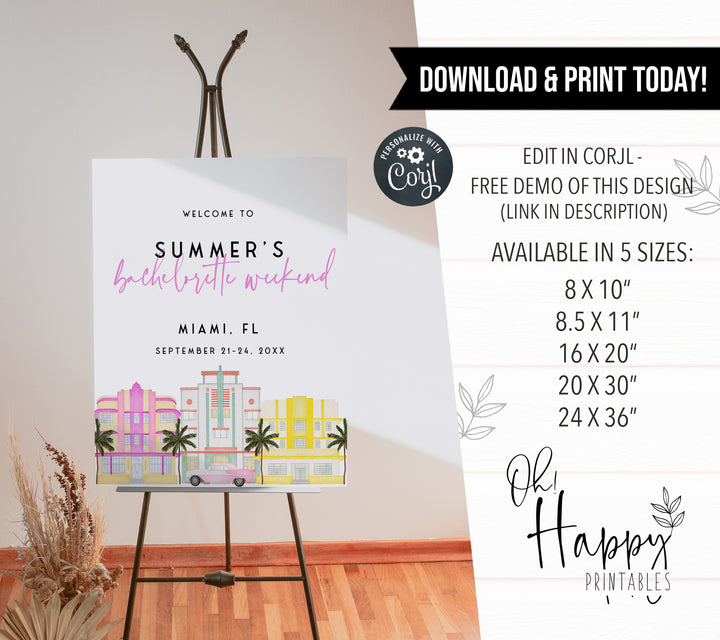 Fully editable and printable bachelorette weekend welcome signs with a miami design. Perfect for a miami, Bachelorette themed party