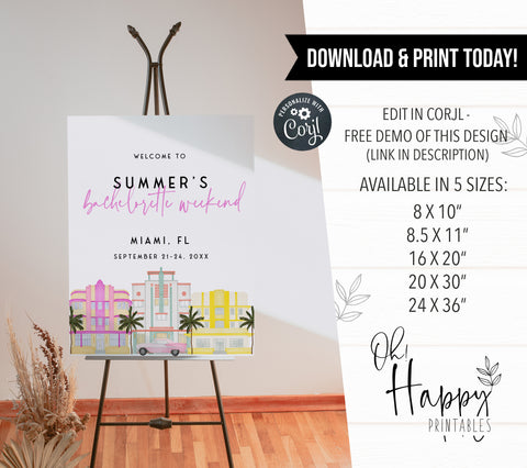 Fully editable and printable bachelorette weekend welcome signs with a miami design. Perfect for a miami, Bachelorette themed party