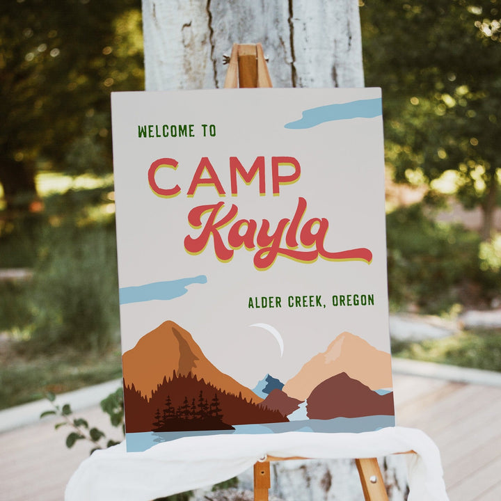 Fully editable and printable retro bachelorette welcome signs with a pine cabin design. Perfect for a cabin adventure Bachelorette themed party