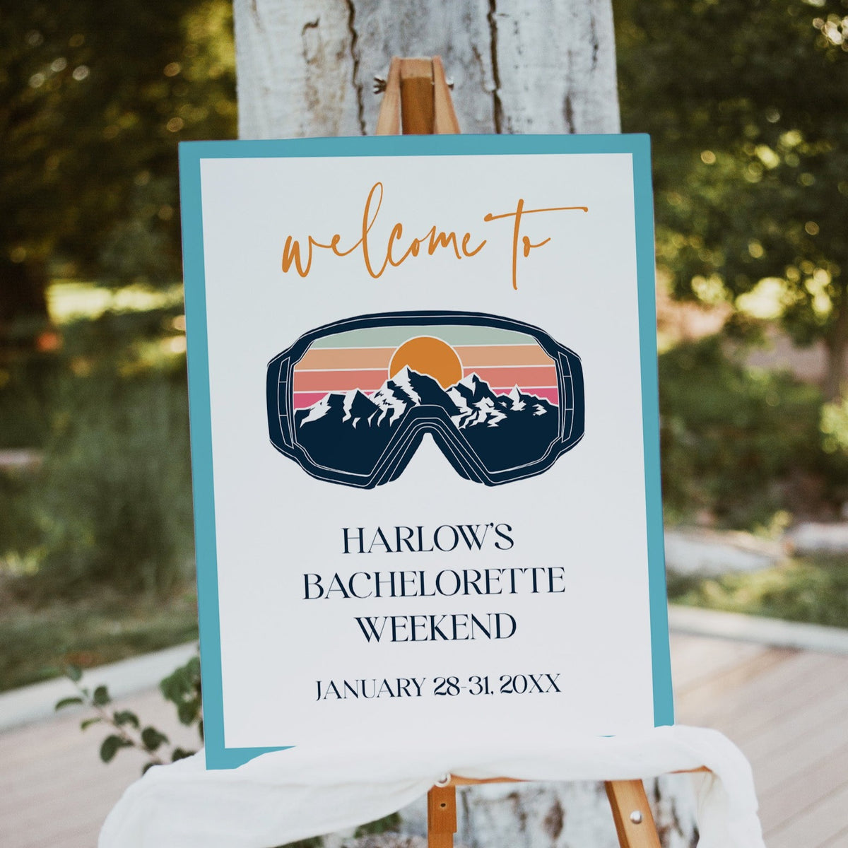 Fully editable and printable bachelorette weekend welcome sign with a ski slopes design. Perfect for a aspen ski slopes bachelorette themed party