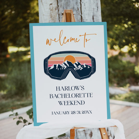 Fully editable and printable bachelorette weekend welcome sign with a ski slopes design. Perfect for a aspen ski slopes bachelorette themed party