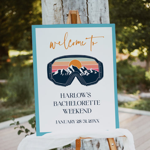 Fully editable and printable bachelorette weekend welcome sign with a ski slopes design. Perfect for a aspen ski slopes bachelorette themed party