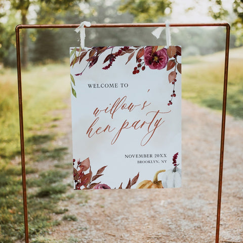 Fully editable and printable hen party weekend welcome sign with a Fall design. Perfect for a fall floral bridal shower