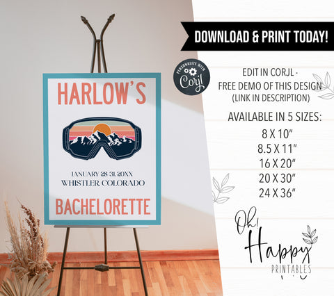 Fully editable and printable bachelorette weekend welcome sign with a ski slopes design. Perfect for a aspen ski slopes bachelorette themed party