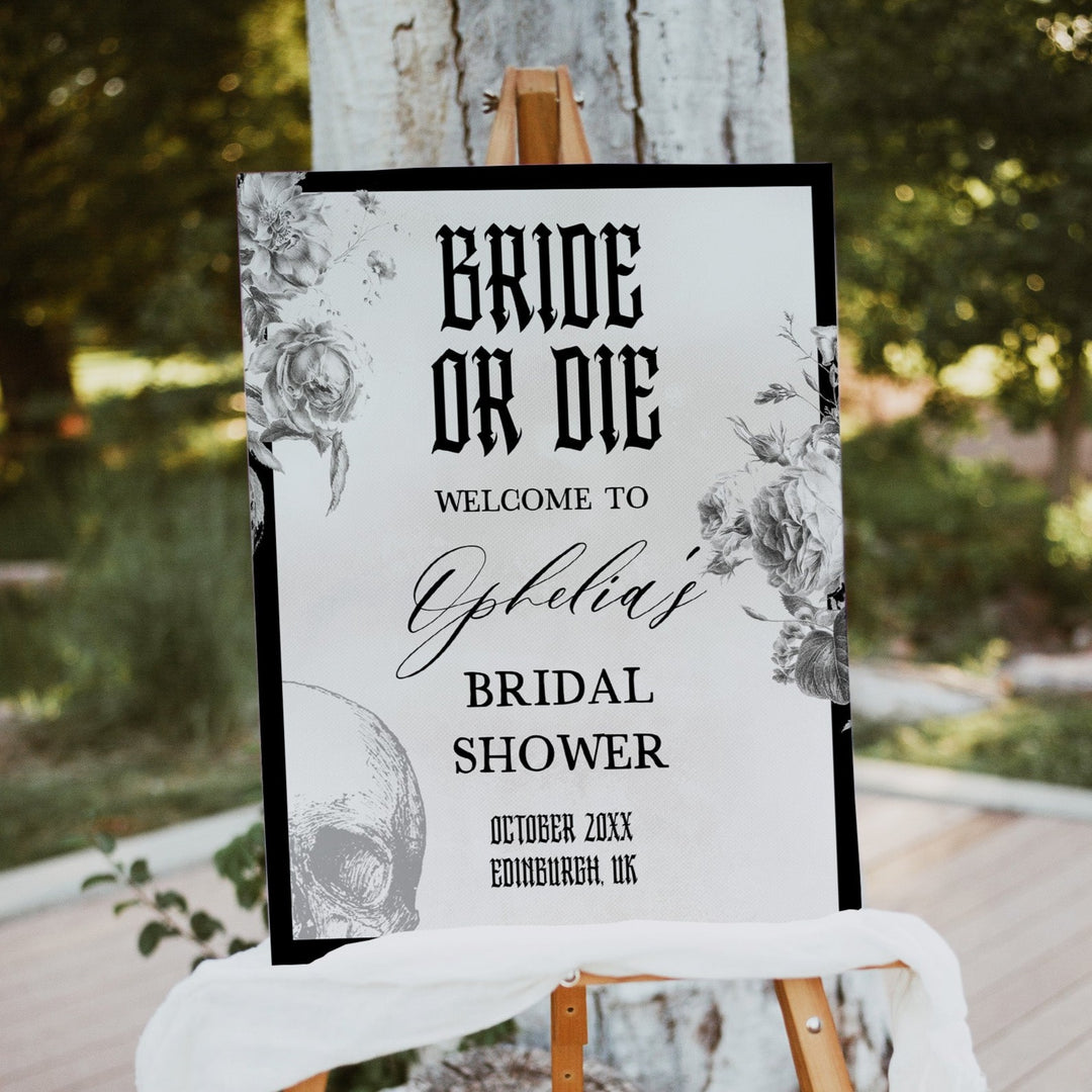 Fully editable and printable bridal shower welcome sign with a gothic design. Perfect for a Bride or Die or Death Us To Party bridal shower themed party