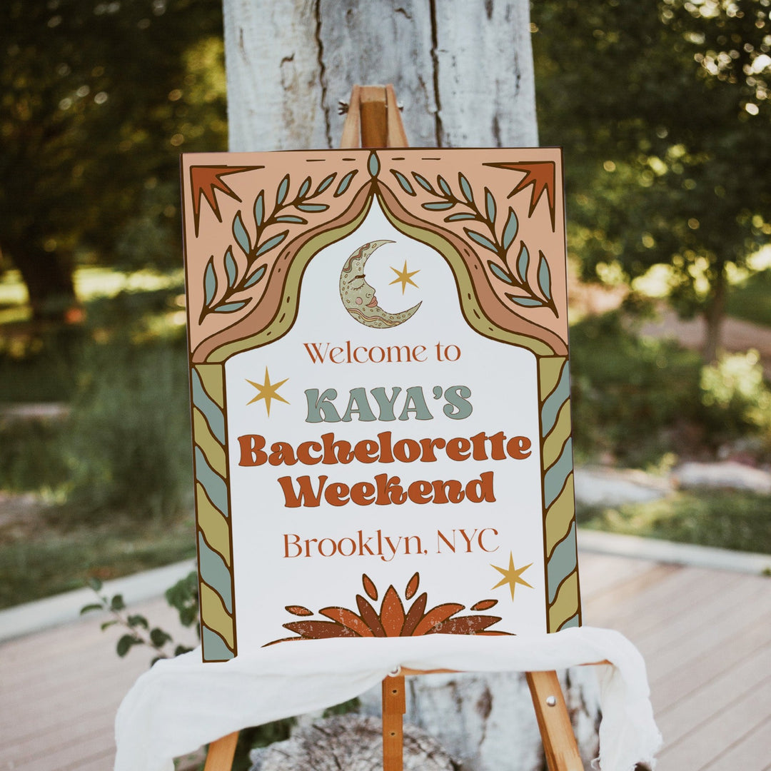 60s boho style bachelorette editable welcome sgin. Simply edit, download and print at home or with any print service company