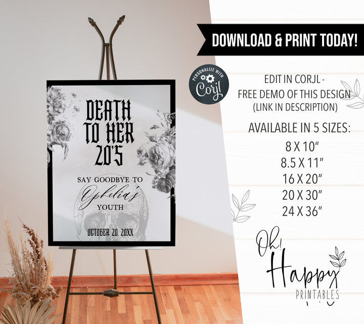 death to my twenties birthday party welcome sign, editable and printed birthday welcome sign